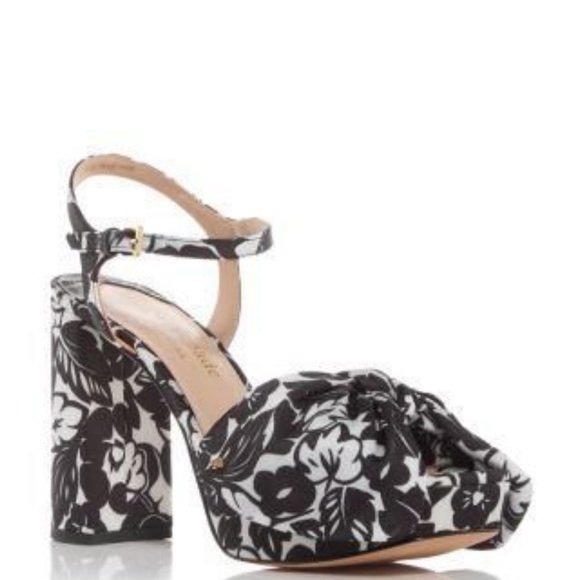 kate spade Shoes - *NWT* Kate Spade Black and White Silk Floral Heels with Chunky Heel Platform